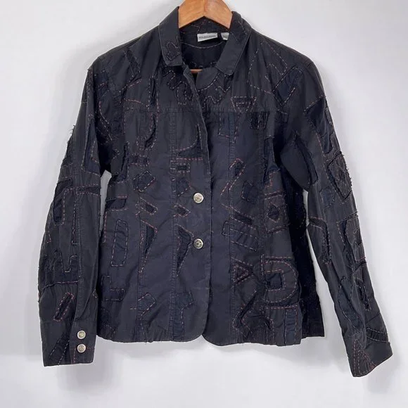 Chicos Black Abstract Art to Wear Contrast Stitch Button Blazer Jacket M 1 FLAW - Picture 2 of 10
